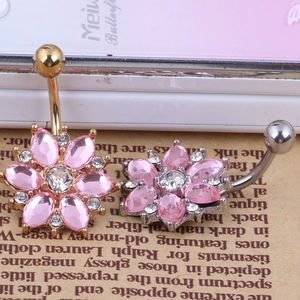 Pink gemstone sunflower belly rings in gold and silver finish with double bead design