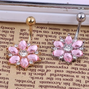 Flower-shaped stainless steel belly rings with pink gems and crystal rhinestones