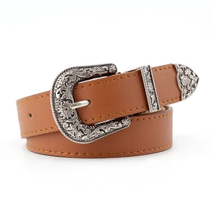 Ceinture femme en cuir marron avec boucle western argentée et surpiqûres jaunes