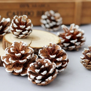 Natural pine cones with snow-white tips on wood base for Nordic Christmas decor