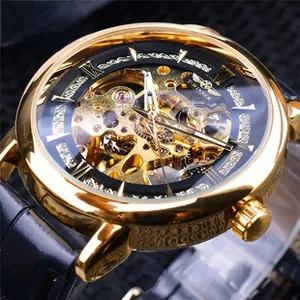 Detailed macro view of the gold hollow dial with Roman numerals and golden movement