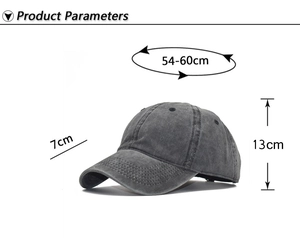 Detailed size parameters for washed cotton baseball cap with brim and crown measurements