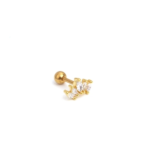 Detailed macro view of golden zircon crown ear stud with curved five-stone marquise design
