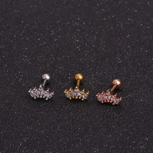 Three crown zircon ear studs in silver, gold, and rose gold stainless steel sets
