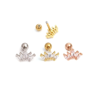 Crown Ear Cartilage Studs Copper Zircon Inlaid Stainless Steel Screw Back Piercing Jewelry Fashion Accessory For Women