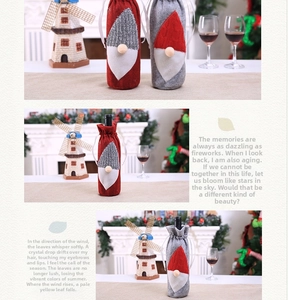 Detail of red and grey Christmas gnome wine bottle covers with knitted hats and white beards