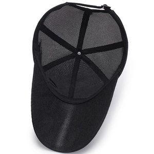 Breathable black mesh baseball cap with adjustable strap and six-panel interior detail