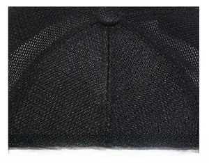 Close-up of durable stitched seam and top button on a black mesh baseball cap