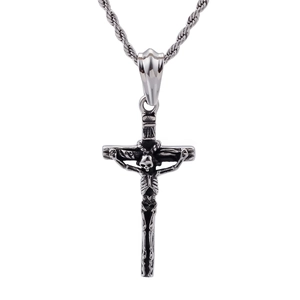 Gothic skull cross pendant necklace in silver stainless steel with heavy rope chain