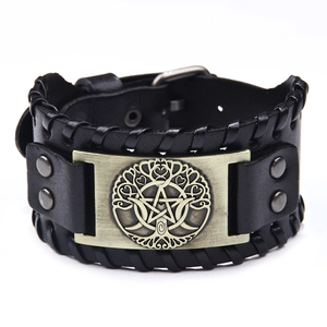 Vintage Men Wide Leather Cuff Bracelet With Tree Of Life Pentagram Alloy Plate Adjustable Punk Viking Wristband
