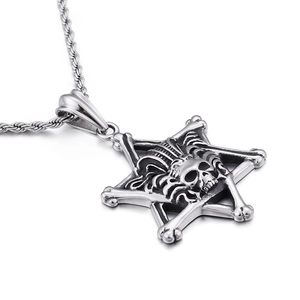 Collier en acier inoxydable avec pendentif crâne et étoile hexagramme sur chaîne torsadée