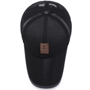 Men's breathable black mesh baseball cap with premium brown leather logo patch