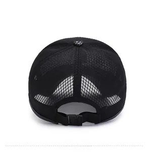 Detail view of the adjustable strap and breathable mesh back on the black baseball cap