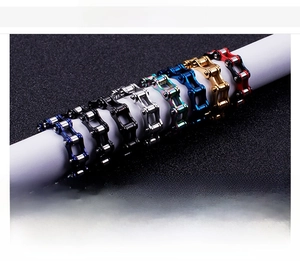 Detailed size chart for stainless steel bike chain rings in multiple metallic colors
