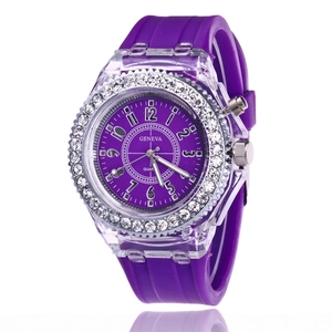 Transparent purple silicone watch with crystal-encrusted bezel and quartz movement