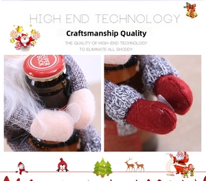 Detail of red felt and grey knit Santa bottle cover with decorative sleeve patterns
