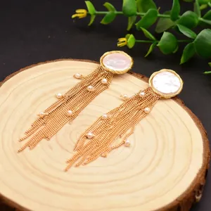 Baroque pearl tassel earrings in 925 silver with elegant long gold chains and shell inlay