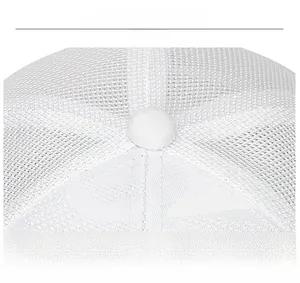 Close-up of white baseball cap top with breathable mesh fabric and reinforced stitching