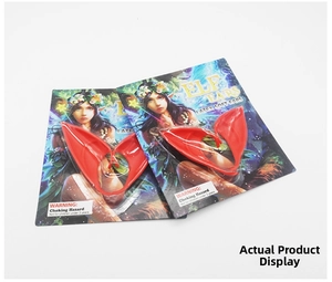 Macro detail of red latex elf ears in retail packaging for cosplay party costume