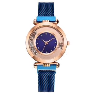 Women's rose gold quartz watch with blue mesh band and floating rhinestone dial