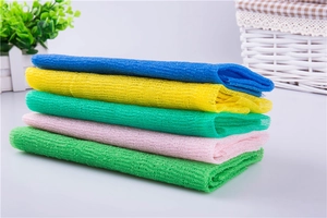 Stack of 5 colorful nylon exfoliating washcloths in blue, yellow, green, and pink