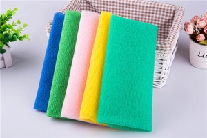 Detail showing colorful long nylon bath towels with coarse texture for exfoliating