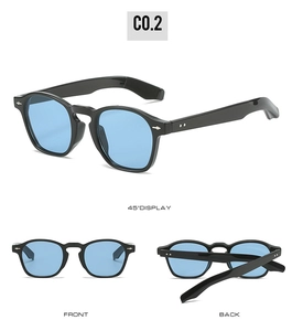 Three perspectives of retro black frame sunglasses with light blue lenses and silver rivets