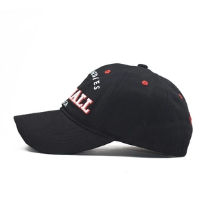 Black cotton baseball cap with 3D BALL embroidery in profile view.