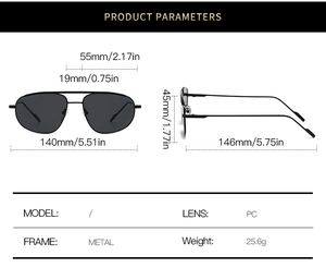 Detailed dimension chart for metal double bridge aviator sunglasses with measurements