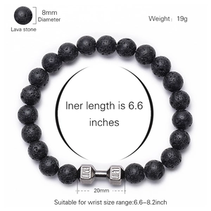 Volcanic lava stone dumbbell bracelet with 8mm black beads and metal live lift charm