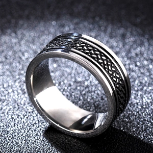 Macro shot of 8mm stainless steel tire pattern ring with black woven texture and polished edge