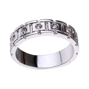 Silver chain style ring for men featuring inlaid cubic zirconia on a polished metal band