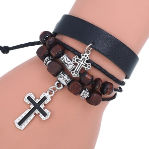 Multilayer leather bracelet for men featuring wooden beads and silver cross pendants