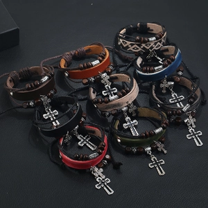 Multilayer braided leather bracelets with cross charms and wooden beads in various colors