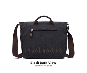 Detailed back view of black canvas briefcase with brown handles and zipper pocket