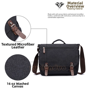 Detail of dark grey canvas messenger bag with brown microfiber leather strap and metal buckle