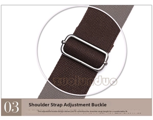 Macro shot of silver metal adjustment buckle on dark brown woven canvas shoulder strap