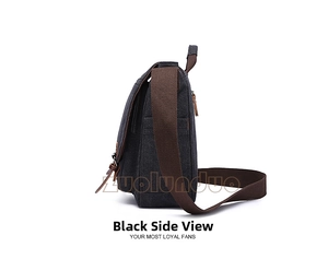 Side view of black canvas briefcase showing metal zippers and leather accent details