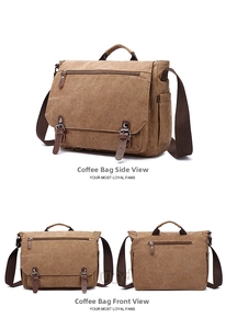 Detail view of coffee canvas messenger bag with adjustable strap and metal buckles