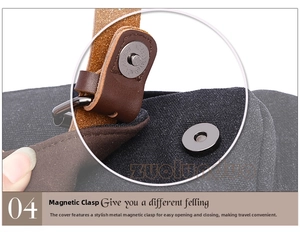 Detailed close-up of the magnetic buckle and leather strap on this canvas briefcase