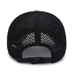 Breathable black mesh baseball cap with adjustable strap and buckle for outdoor wear