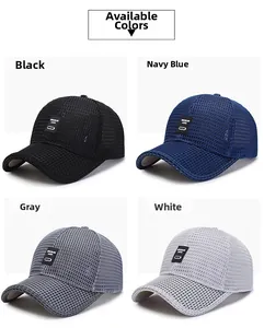 Detail grid showing four colors of breathable mesh baseball caps for men in white background