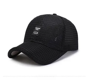 Side view of a black breathable mesh baseball cap with a white logo text patch
