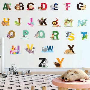 Alphabet Wall Stickers PVC Cartoon Animal A-Z Letters Educational Decals For Kids Room Nursery Bedroom Decor