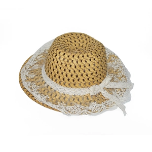 Women's wide brim straw hat with white lace embroidery and floral ribbon detail
