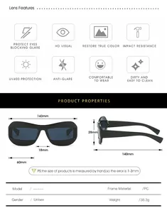 Detailed size chart and technical specifications for cat-eye sunglasses with PC frame