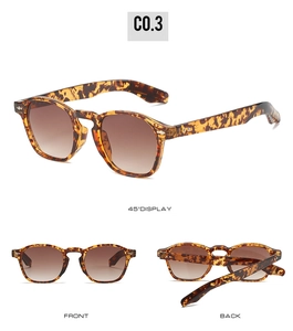 Three-way view of tortoise shell sunglasses with brown gradient lenses and metal rivets