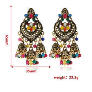 Bohemian vintage hollow alloy drop earrings with colorful enamel and bell pendants