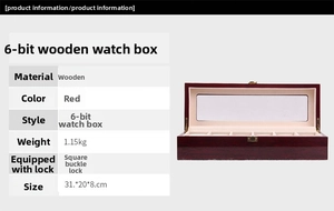 Detail view of 6-slot wooden watch box with glass window and golden square lock