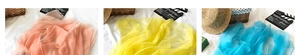 Detailed comparison showing translucent sun protection scarves in pink, yellow, and blue colors